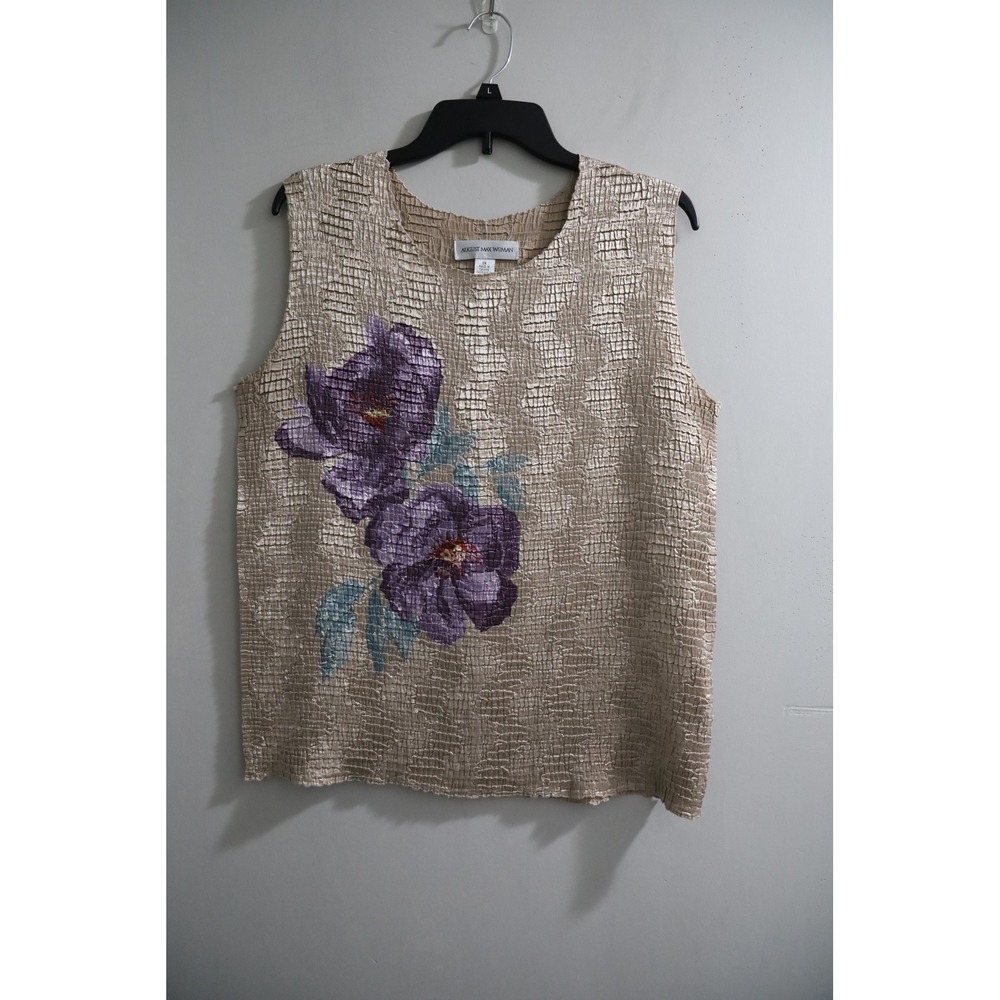 August Max Woman 1X‎ Gold Popcorn Textured Sleeveless Purple Floral Blouse Top